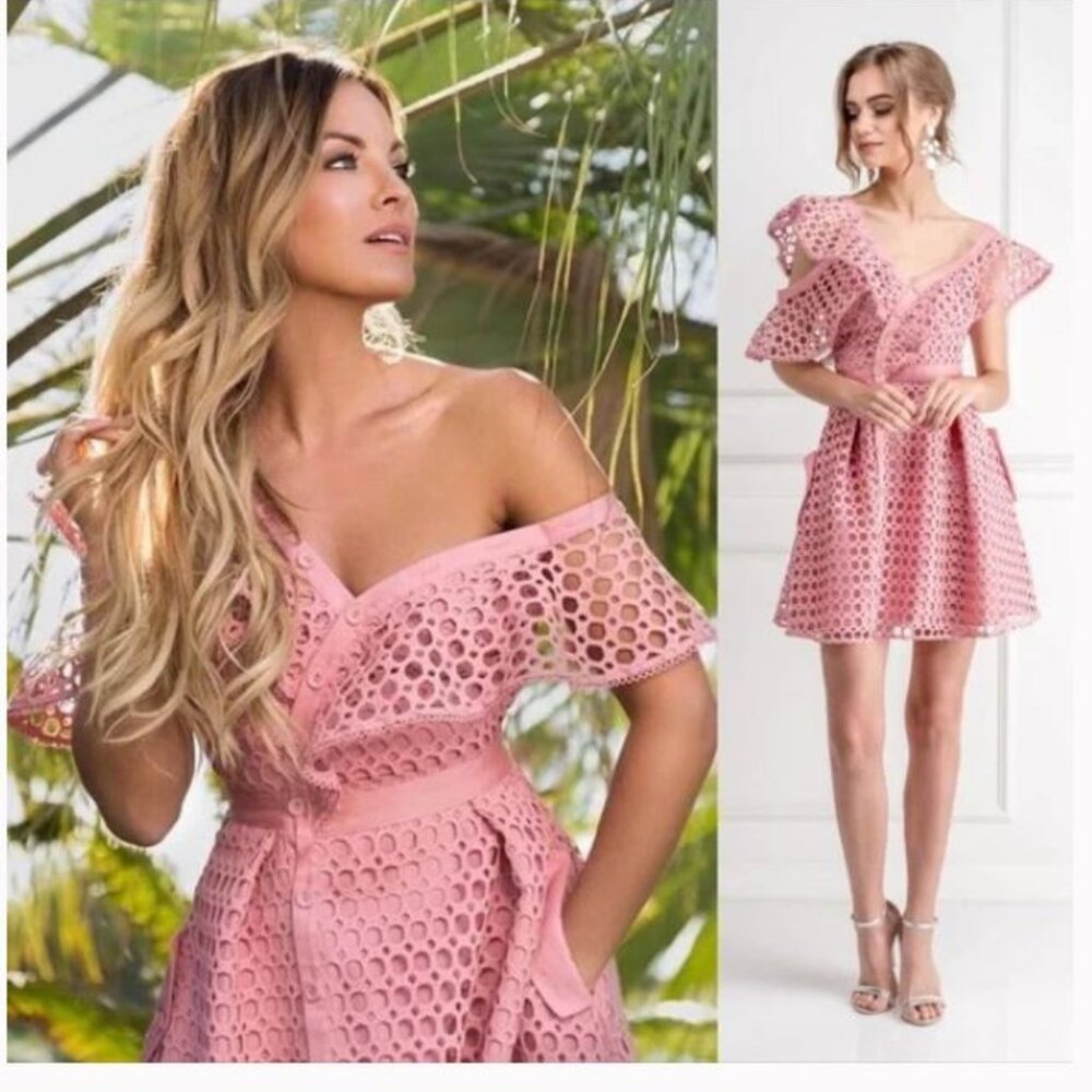 Self-Portrait Pink Eyelet Off-Shoulder Mini Dress